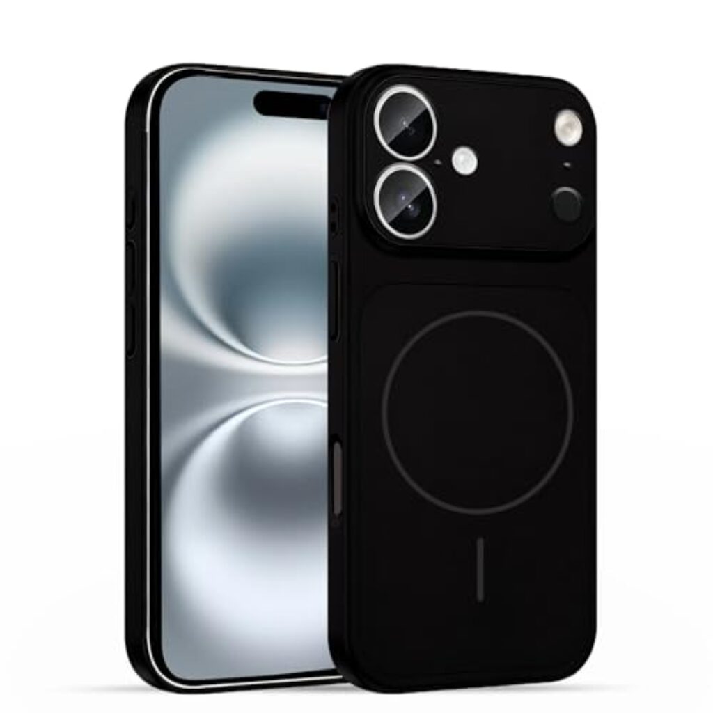 Amazon Basics Converter Case for iPhone 16 | Premium Glass Back Cover with Mag-Safe Support | iPhone 17 Pro / 17 Pro Max Inspired Design | Camera Protection Bumper case (Black)