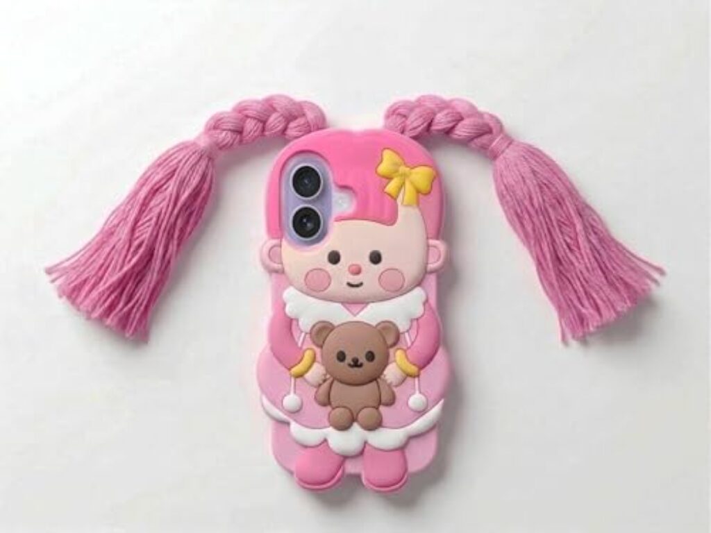 amazon basics Cute 3D Pink Doll Silicone Mobile Case for iPhone 17 - Aesthetic Cartoon Girl with Braided Tassels & Teddy Bear, Soft Shockproof Protective Back Cover for Girls & Kids