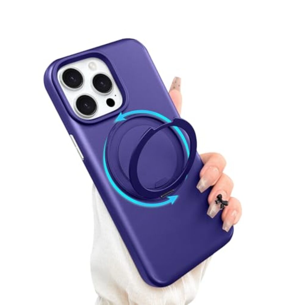ankofave Magnetic for iPhone 15 Pro Max Phone Case with 360° Spin Stand, Matte Luxury Metallic Luster, 3.0 mm Thick Protection Hard PC Scratch-Resistant Case for iPhone 15 Pro Max 6.7", Purple