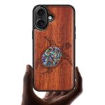 Carveit Designer Wooden Protective Case for iPhone 16 Magnetic Case Cover [Wood Engraving & Shell Inlay] Compatible with iPhone 16 MagSafe Case (Sea Turtle-Red Wood)