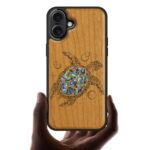 Carveit Designer Wooden Protective Case for iPhone 16 Plus Magnetic Case Cover [Wood Engraving & Shell Inlay] Compatible with 16 Plus MagSafe Case (Sea Turtle-Cherry)