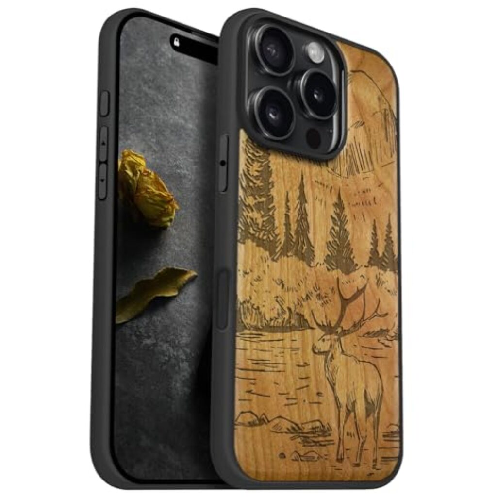 Carveit Magnetic Wood Case for iPhone 16 Pro Case [Solid Wood & Black Soft TPU] Shockproof Protective Cover Unique Wooden Case Compatible with magsafe (Mountains and Deer -Cherry)