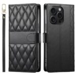 CaseNuvo for iPhone 15 Pro Case Rhombus Stitching Wallet Stand Leather Phone Cover with Long/Short Strap - Black