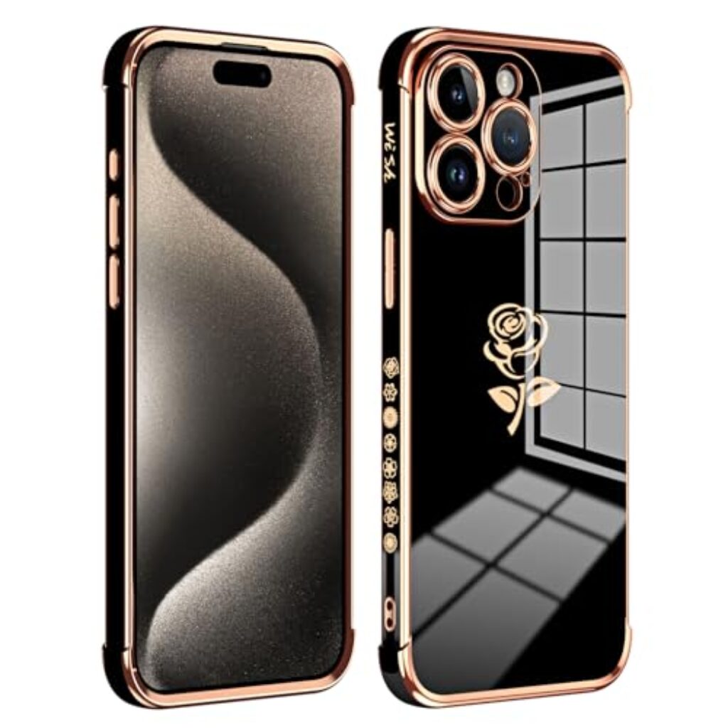 CaseNuvo for iPhone 15 Pro Max Case Electroplating Edge Rose Pattern TPU Phone Back Cover Airbag Drop Proof - Black