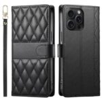 CaseNuvo for iPhone 15 Pro Max Case Rhombus Stitching Wallet Stand Leather Phone Cover with Long/Short Strap - Black