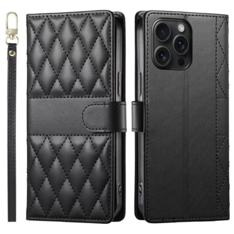 CaseNuvo for iPhone 15 Pro Max Case Rhombus Stitching Wallet Stand Leather...