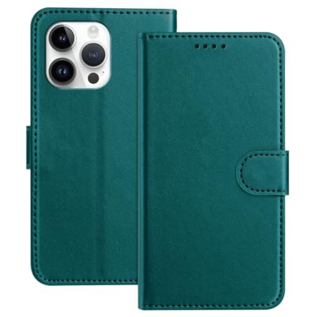 CaseNuvo for iPhone 15 Pro Max Leather Case Wallet Stand Solid Color Anti Drop Phone Cover - Green