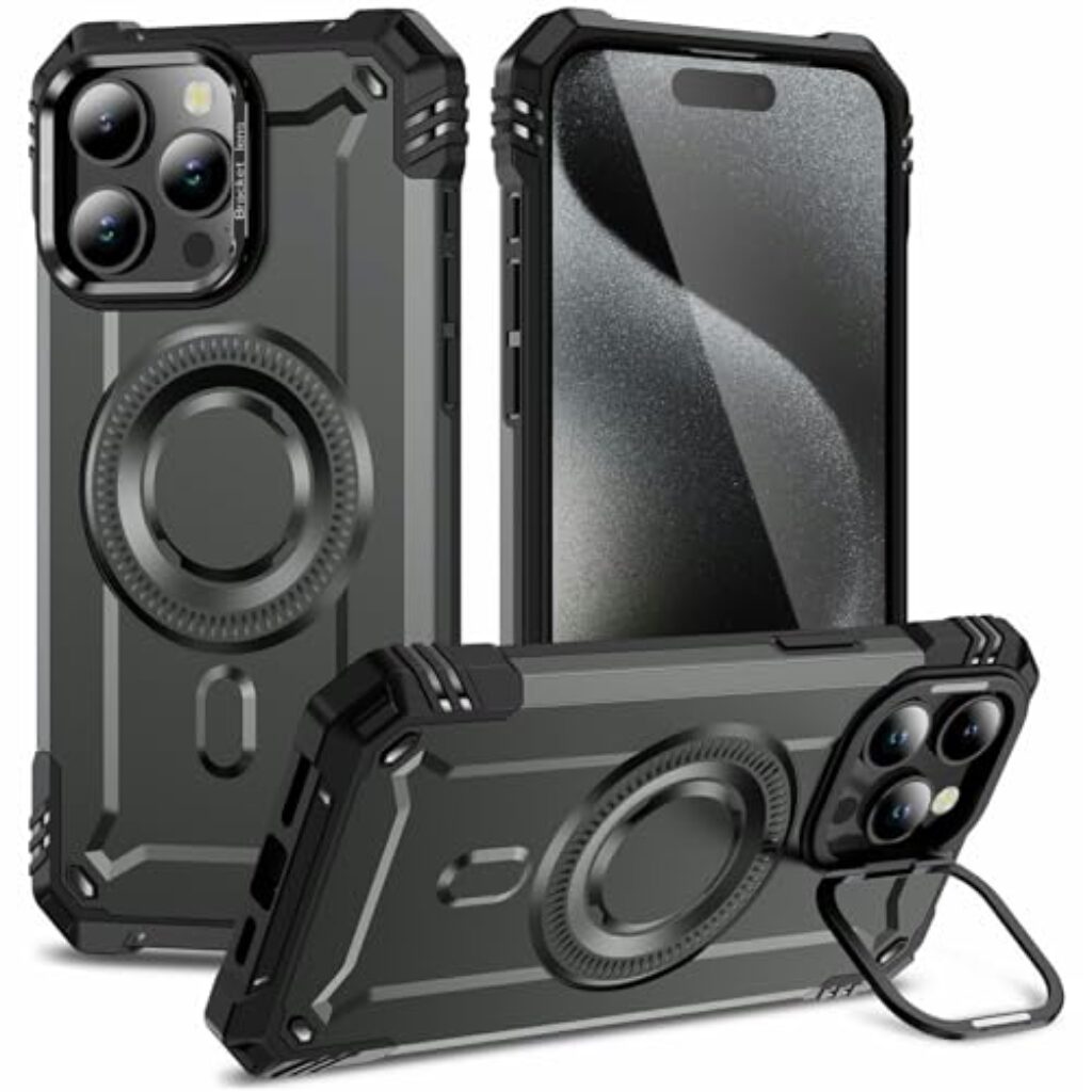 CaseNuvo for iPhone 15 Pro Max Magnetic Case Lens Kickstand PC + TPU Shockproof Phone Cover - Grey