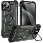 CaseNuvo for iPhone 15 Pro Max Magnetic Case Lens Kickstand PC + TPU Shockproof Phone Cover - Grey