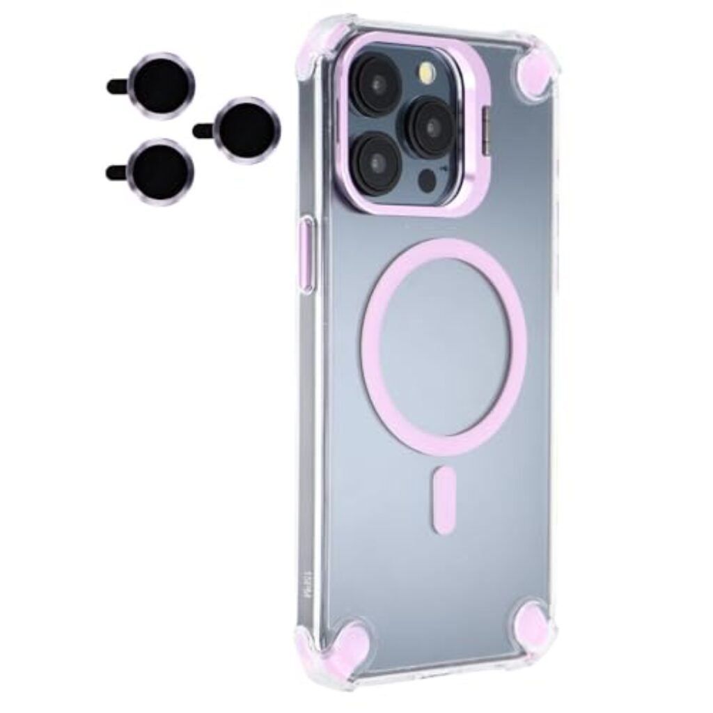 CaseNuvo for iPhone 15 Pro Max Magnetic Clear Case Shockproof Hybrid Phone Shell with Camera Lens Frame Kickstand - Purple