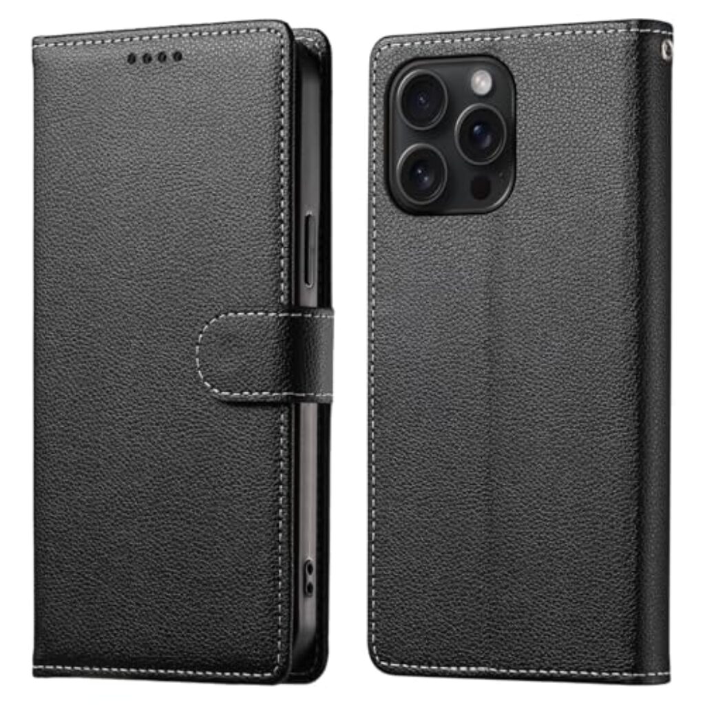 CaseNuvo for iPhone 15 Pro Max Stand Case Litchi Texture Leather Wallet Phone Cover Magnetic Snap - Black