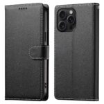 CaseNuvo for iPhone 15 Pro Max Stand Case Litchi Texture Leather Wallet Phone Cover Magnetic Snap - Black