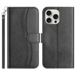 CaseNuvo for iPhone 15 Pro Stand Case with Strap PU Leather Wallet Phone Cover S Shape Stitching Design - Black