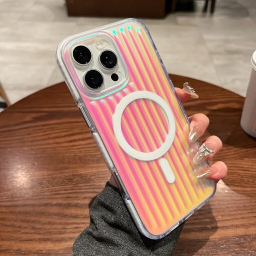 CaseNuvo for iPhone 16 Pro Magnetic Case Dazzling Gradient Color PC + TPU Phone Back Cover Corrugated Design - Rainbow Light