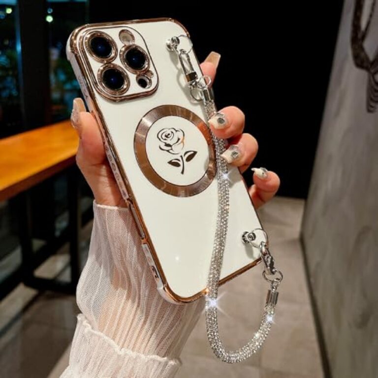 CaseNuvo for iPhone 16 Pro Magnetic Case with Rhinestones Strap Rose Flower...