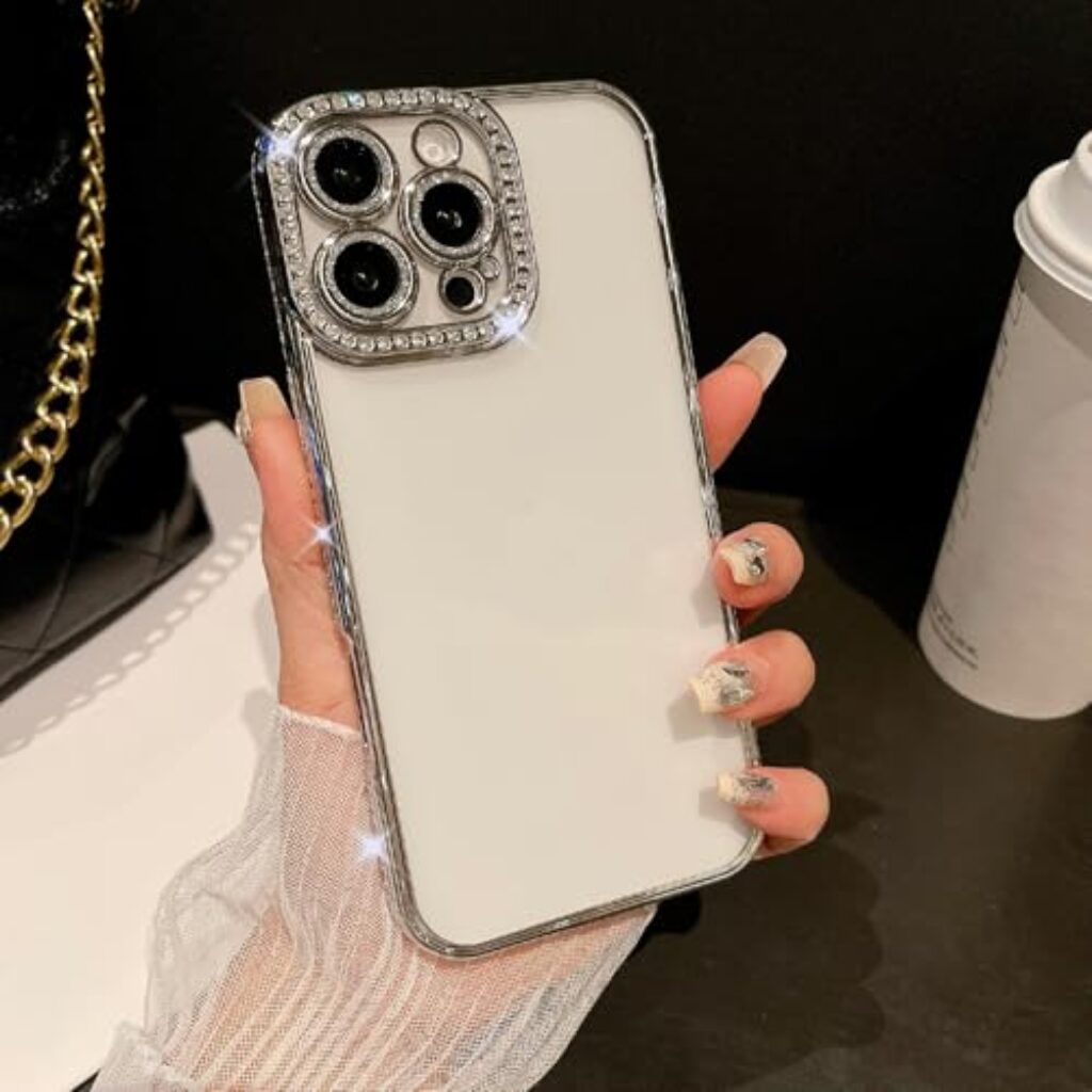 CaseNuvo for iPhone 16 Pro Max Case Clear TPU Phone Cover with Glitter Lens Film - Silver