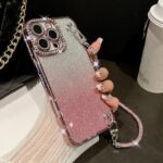 CaseNuvo for iPhone 16 Pro Max Case Electroplated Edge Rhinestone Glitter Decor Phone Cover with Lens Film, Strap - Rose Pink
