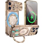 Compatible with iPhone 16 Pro Case With CD Metal Ring Stand CD Full Camera Protection, Electroplated Magnetic Cover [Fit For MagSafe] Shockproof Military Drop Protection for Woman Men Desert Titanium