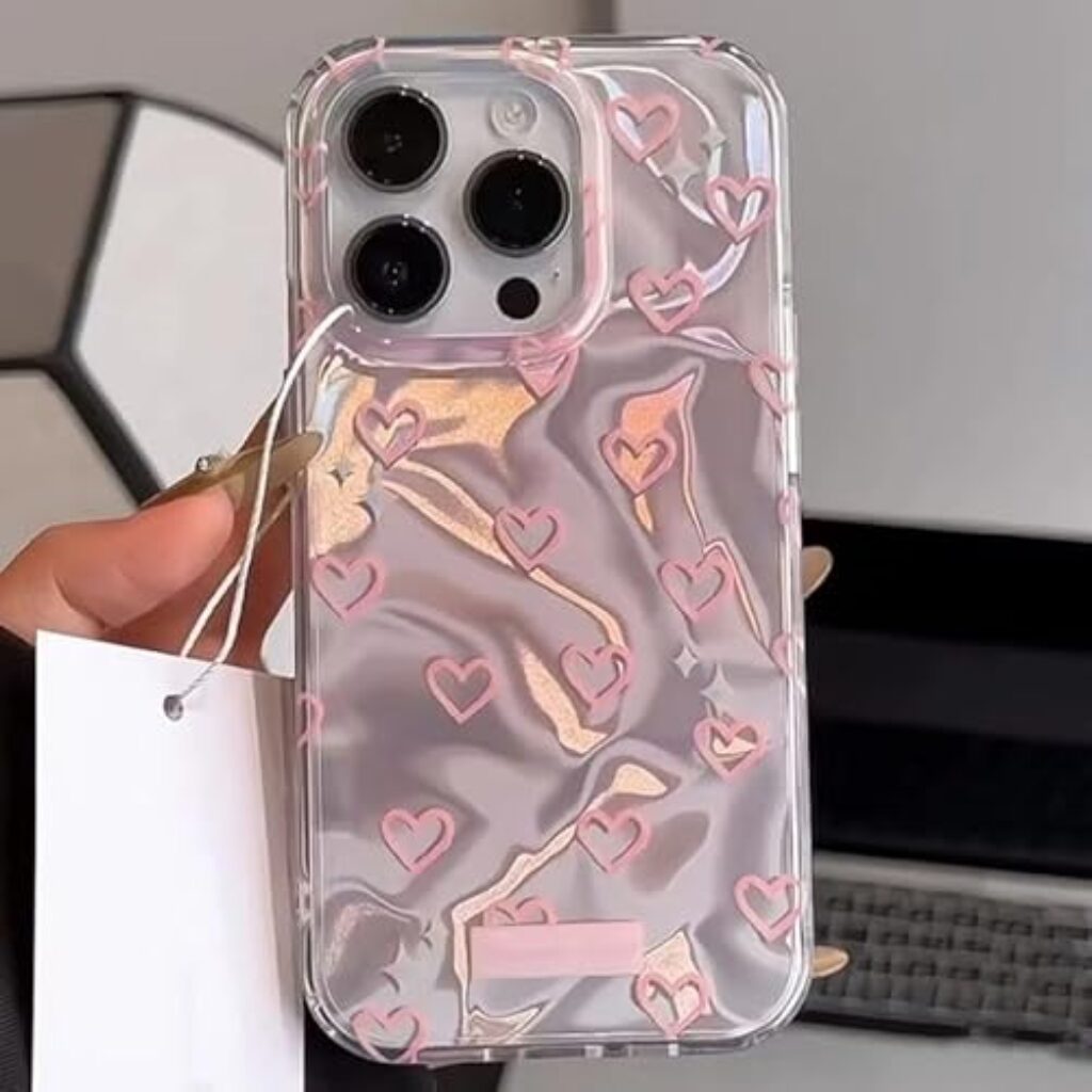 COVERLY Luxury 3D Heart Aesthetic Designer Back Cover for iPhone 15 – Slim Liquid Silicone Case with Handcrafted Real Pearl Accents & Iridescent Holographic Waves (Blush Silver & Pearlescent Silver)