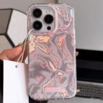COVERLY Luxury 3D Heart Aesthetic Designer Back Cover for iPhone 15 – Slim Liquid Silicone Case with Handcrafted Real Pearl Accents & Iridescent Holographic Waves (Blush Silver & Pearlescent Silver)