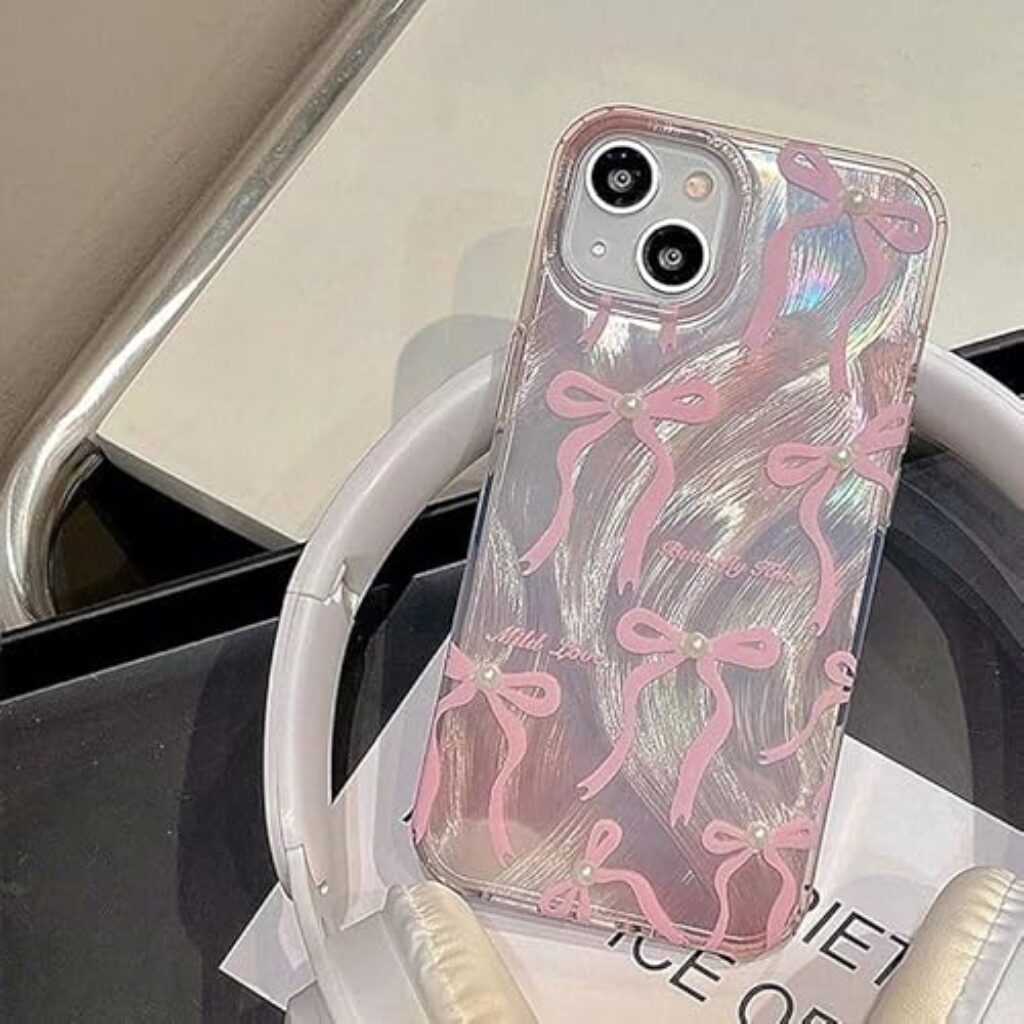 COVERLY Luxury Bow & Pearl Aesthetic Designer Back Cover for iPhone 15 Pro – Slim Shockproof Soft TPU Case with Handcrafted Real Pearl Accents & Coquette Ribbon Art (Blush Pink & Pearlescent White)