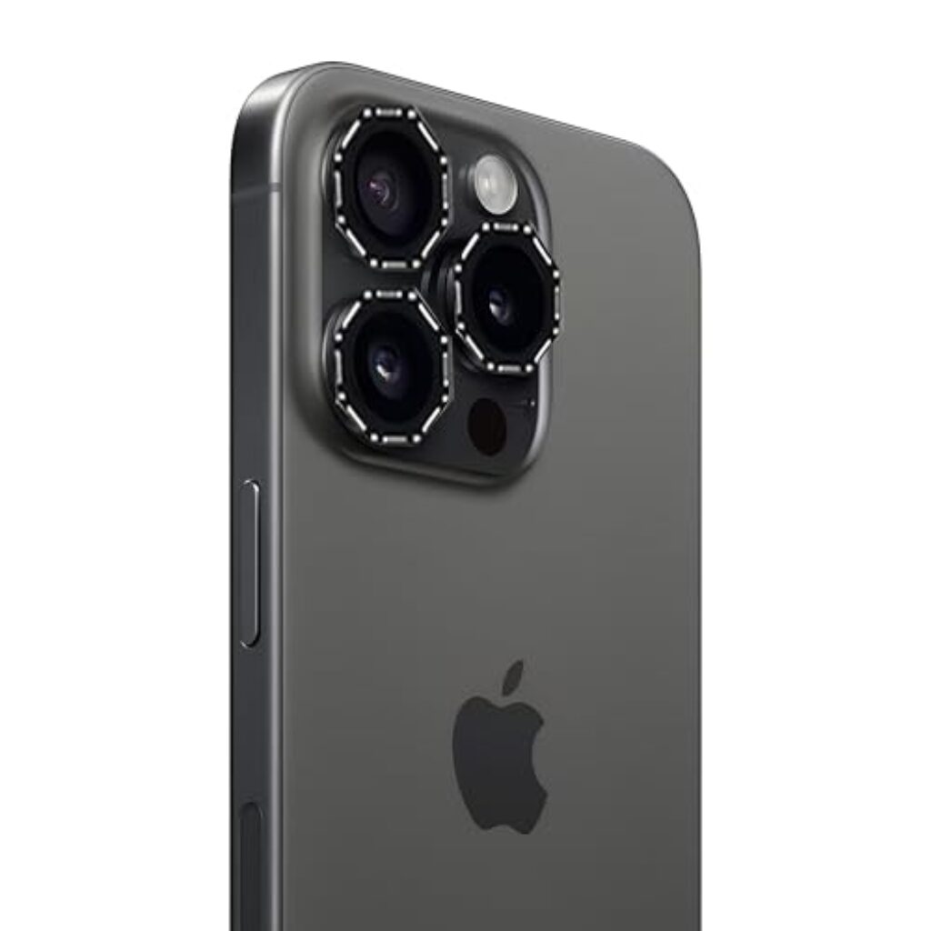 CRUNK AR+AF Designer Hexagon Camera Glass Lens Protector Ring for APPLE IPHONE 15 PRO MAX | Metal Hexagon Ring 9H Hardness | Scratchproof Hexagon Cut | Stylish Phone Accessories (BLACK)
