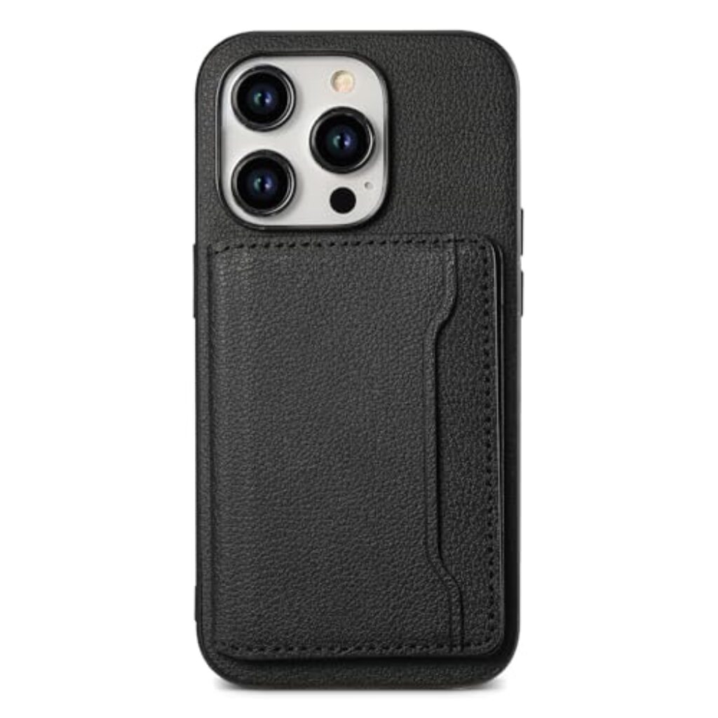 DHK RETAIL for iPhone 15 Pro Max Kickstand Cover Card Slots Calf Texture PU Leather Phone Back Case - Black