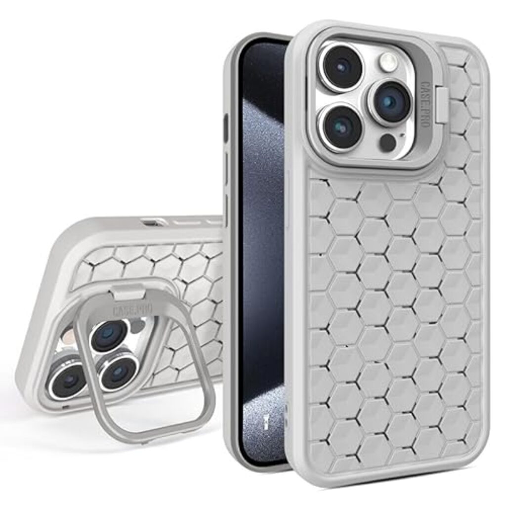 DHK RETAIL for iPhone 15 Pro Max Magnetic Case Heat Dissipation TPU Cover with Lens Frame Kickstand - Grey