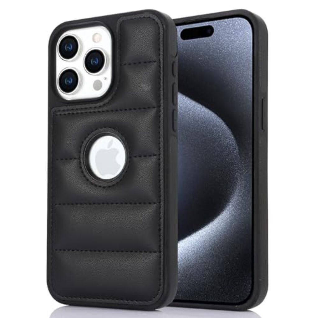 DHK RETAIL for iPhone 15 Pro Phone Case Down Jacket Back Cover with Logo View Hole - Black