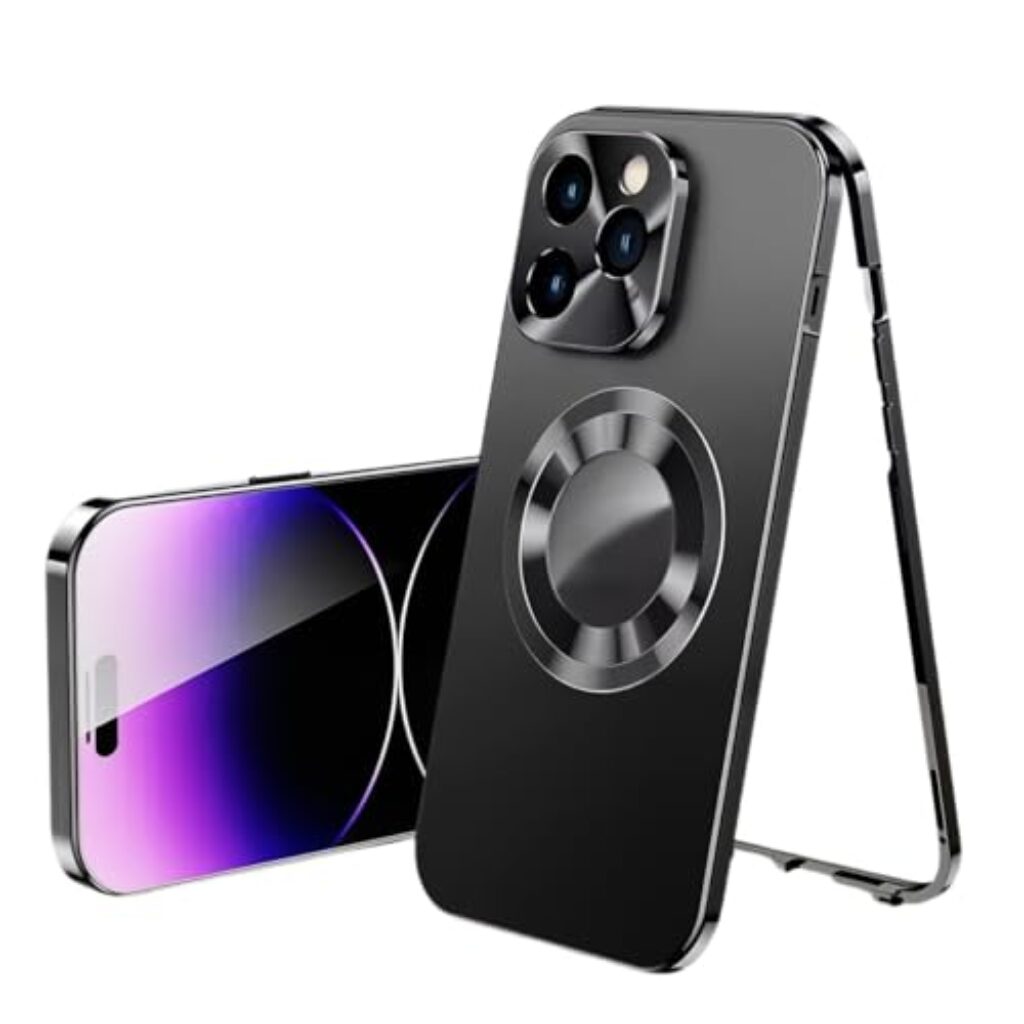Doulings Magnetic Metal Edge Full Body Military Drop Protection for iPhone Case,Compatible with MagSafe,Rugged Built-in Privacy Screen Protector Logo View Shockproof Cover (Black,iPhone 15 Pro)