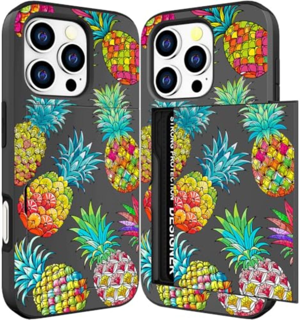 DYZTUNOCA Compatible with iPhone 16 Pro Max Case Wallet Cute for Women with Design,Rugged Credit Card Holder Slot Protective Phone Skin Cases Girly Design (Blue Colorful Pineapples)