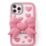 LN KART 3D Love Heart Butterfly Case for iPhone, Soft Silicone Back Cover, Pink Coquette Bowknot Design, Shockproof with Folding Kickstand (i Phn 16 pro max)