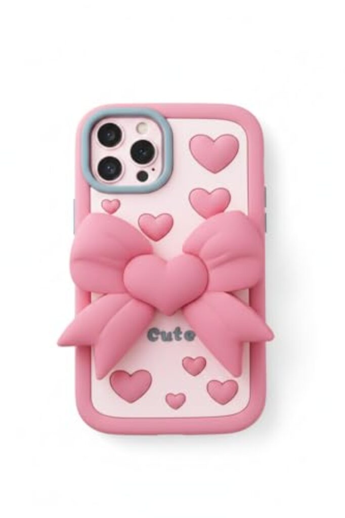 LN KART 3D Love Heart Butterfly Case for iPhone, Soft Silicone Back Cover, Pink Coquette Bowknot Design, Shockproof with Folding Kickstand (i Phn 16 pro max)