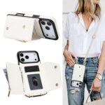 MRRSIWEI Crossbody Case for Apple 17 Pro Max with Card Holder, Wallet Case Removable Lanyard Wrist Strap Shockproof with Kickstand Women Cover for iPhone 17 Pro Max.Crossbody White
