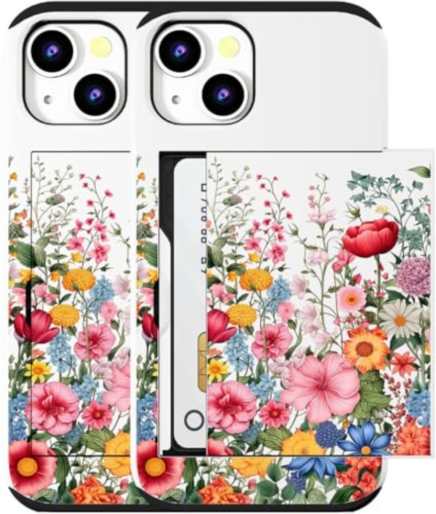 MUQR Compatible for iPhone 15 Case with Card Holder Cute - Kawaii Design Military-Grade Drop Protection Rugged Wallet Cases for Women (White Blossoming Flowers)