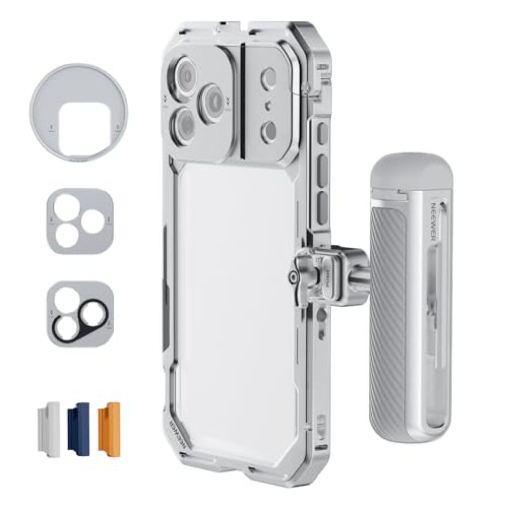 NEEWER Phone Cage Kit Compatible with iPhone 17 Pro Only, Video Rig Stabilizer Accessories with 67mm Filter Ring, 17mm & T Mount Lens Backplates, Quick Release Bluetooth Handle, PA143 (Silver)