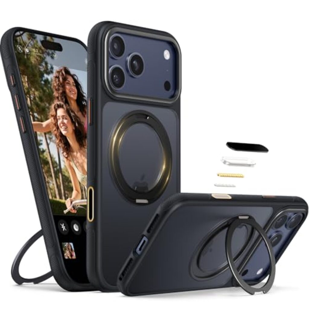 Peerock 360° Magnetic Stand Case,[Camera Control Button] Mil-Grade Protection Shockproof Slim Translucent Matte Ring Kickstand Case 6.3 Inch, Black