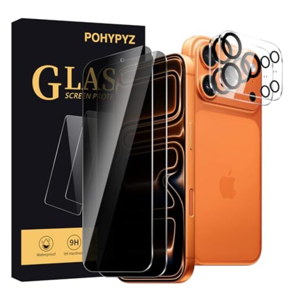 POHYPYZ Pack of 2 and 2 Privacy Screen Protectors for iPhone 17 Pro, 2 Anti-Spy Protective Glass + 2 Camera Protection, Privacy Screen, Privacy Film, Privacy Filter, 9H Hardness, Scratch-Resistant