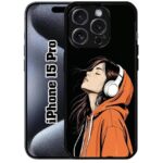 SATYA MART Music Girl, Headphone Stylish 2D Printed Metal Back Case for iPhone 15 Pro | Soft TPU Frame, Anti-Skid Grip, Slim Durable Shockproof Protective Cover-314