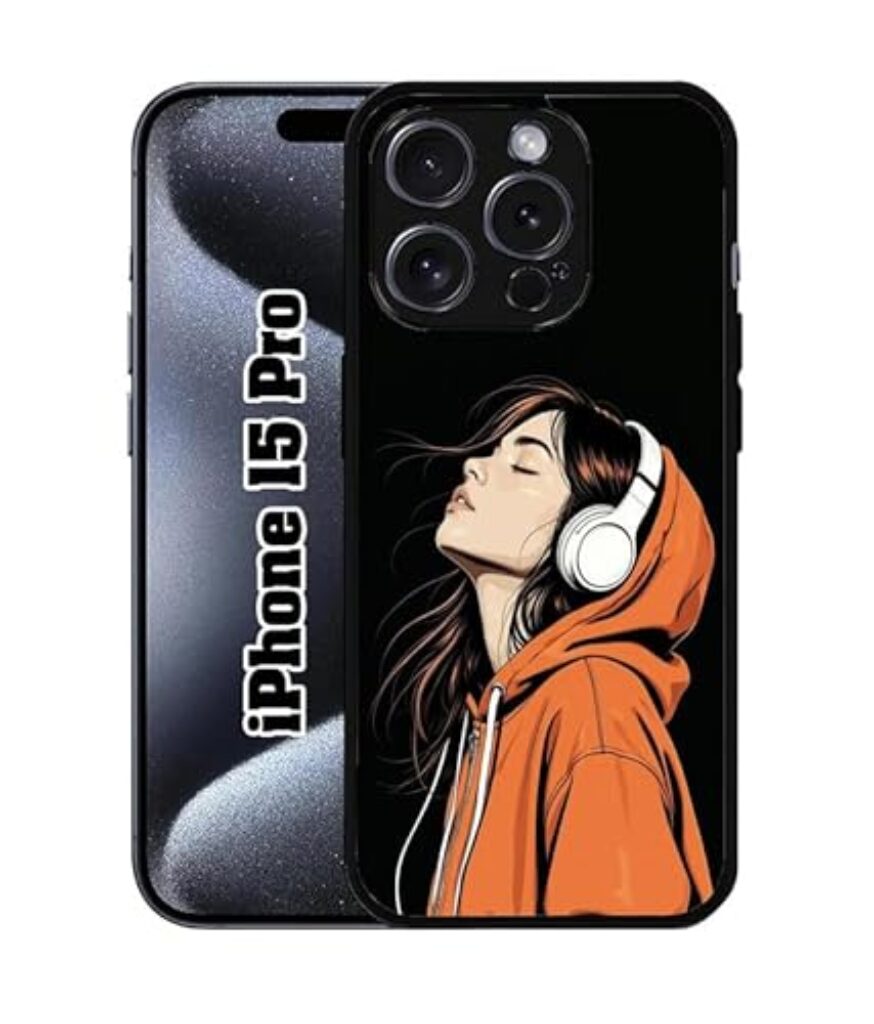 SATYA MART Music Girl, Headphone Stylish 2D Printed Metal Back Case for iPhone 15 Pro | Soft TPU Frame, Anti-Skid Grip, Slim Durable Shockproof Protective Cover-314