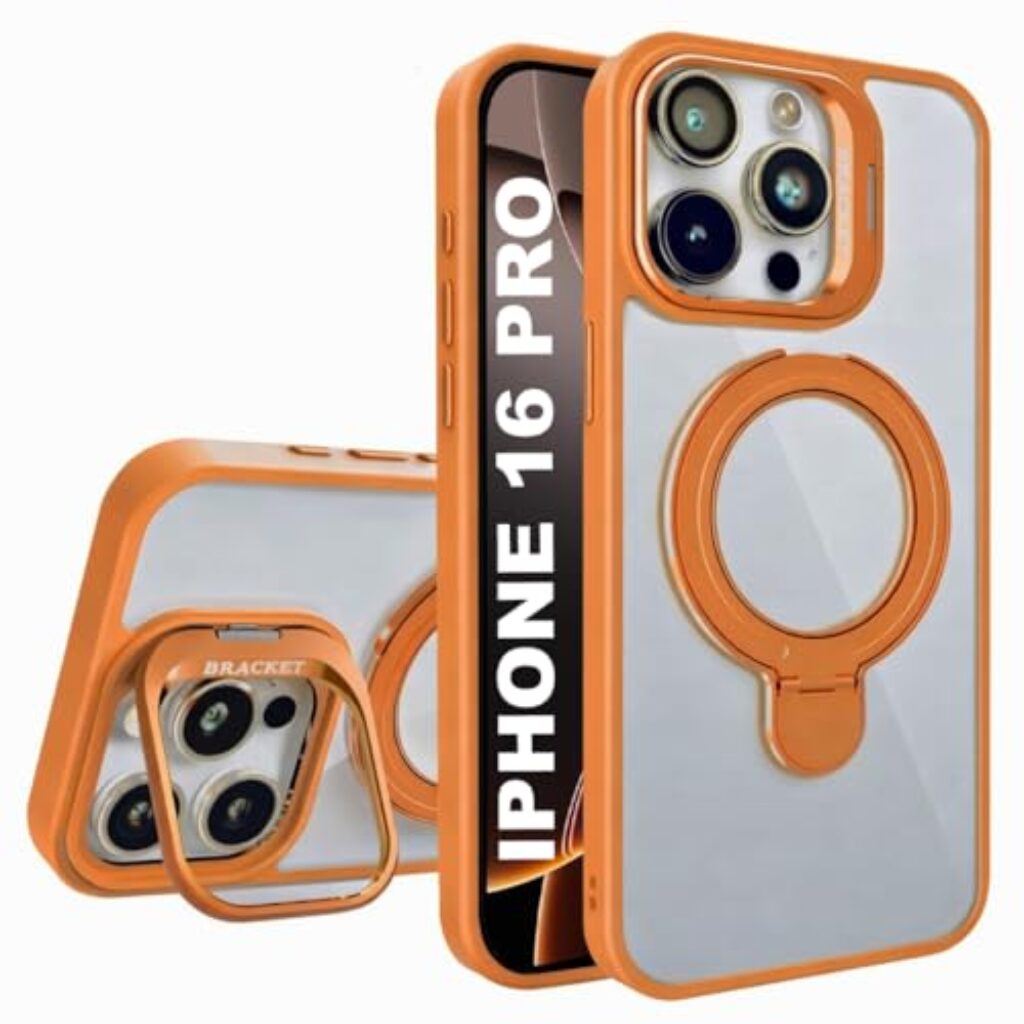 SHINESTAR Premium Dual Stand Case for iPhone 16 Pro, Clear Back with 360° Rotating Ring Holder & Camera Frame Kickstand, Wireless Charging Compatible, Shockproof Slim Cover - Orange