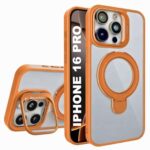 SHINESTAR Premium Dual Stand Case for iPhone 16 Pro, Clear Back with 360° Rotating Ring Holder & Camera Frame Kickstand, Wireless Charging Compatible, Shockproof Slim Cover - Orange