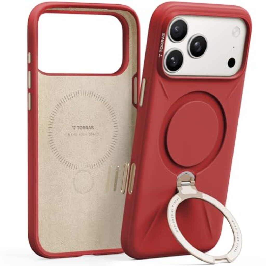 TORRAS Ostand Q3 Silicone for iPhone 17 Pro Max Case, Fit for MagSafe, 360 Spin Stand, Soft Liquid Silicone Cozy Grip, Camera Control, Protective Case for iPhone 17 Pro Max, Red