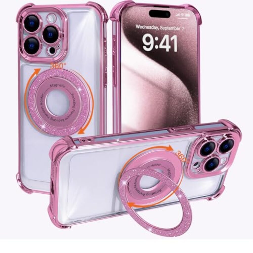 Uioeua for iPhone 15 Pro Max Magnetic Case, Luxury MagSafe Bling Glitter Twinkle 360° Rotatable Spin Magnetic Stand with Military Grade Drop Protection Four Corners Shockproof Kickstand Case,Pink